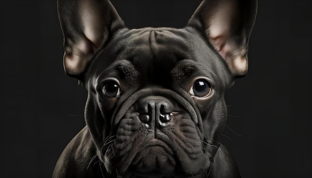 A black french bulldog with a black background.