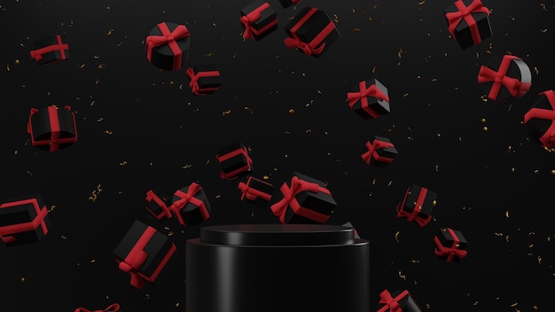 Фото Черная пятница 3d визуализация абстрактный черный подиум с черным и красным фоном макета дисплея продукта