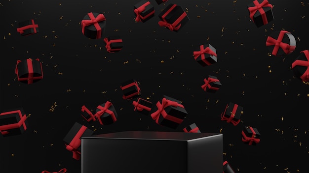 Black friday 3d render abstract black podium with black and red\
background product display mockup