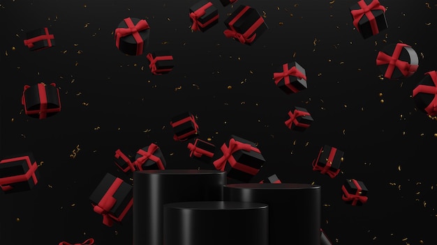 Black friday 3d render abstract zwart podium met zwarte en rode achtergrond product display mockup