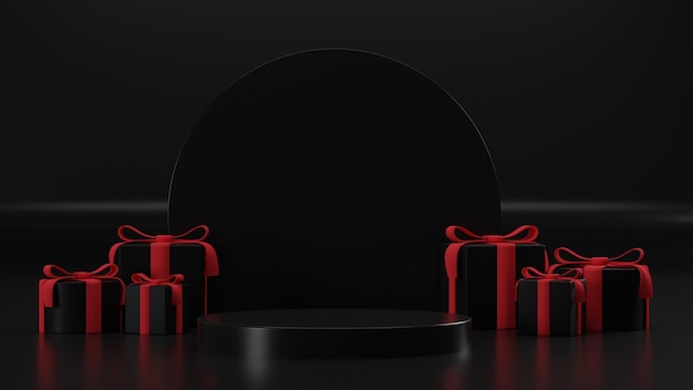 Black friday 3d render abstract zwart podium met zwarte en rode achtergrond product display mockup