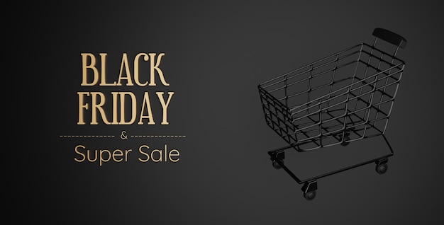 Black Friday юбилейная распродажа рекламный баннер с корзиной для покупок и подарочной коробкой3D рендеринг