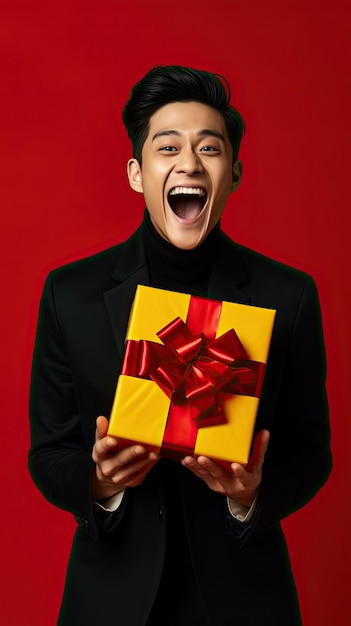 Black Friday Asian man holding gift box happily surprised
