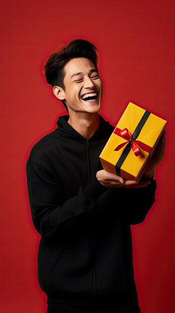 Photo black friday asian man holding gift box happily surprised