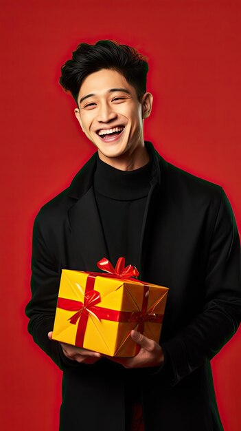 Black friday asian man holding gift box happily surprised
