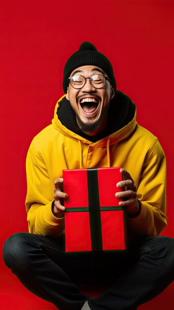 Black friday asian man holding gift box happily surprised