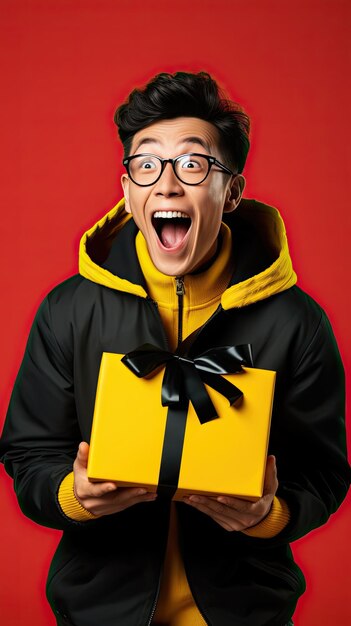 Black friday asian man holding gift box happily surprised
