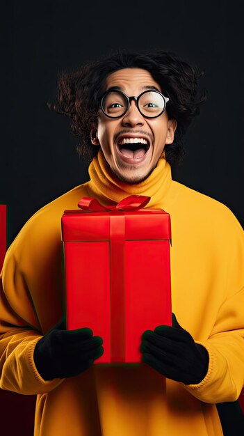 Photo black friday asian man holding gift box happily surprised