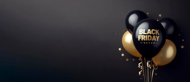 Photo black friday balloons black with gold ai generative