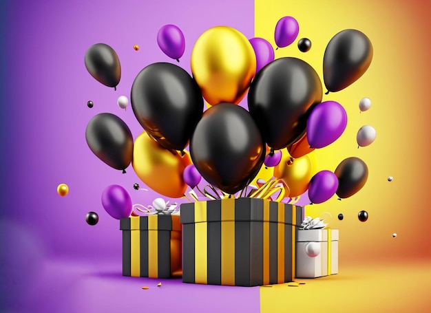 Black friday balloons with gift box in 3d render cartoon best budget golden background