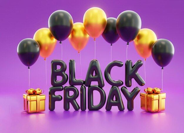 Black friday balloons with gift box in 3d render cartoon best budget golden background