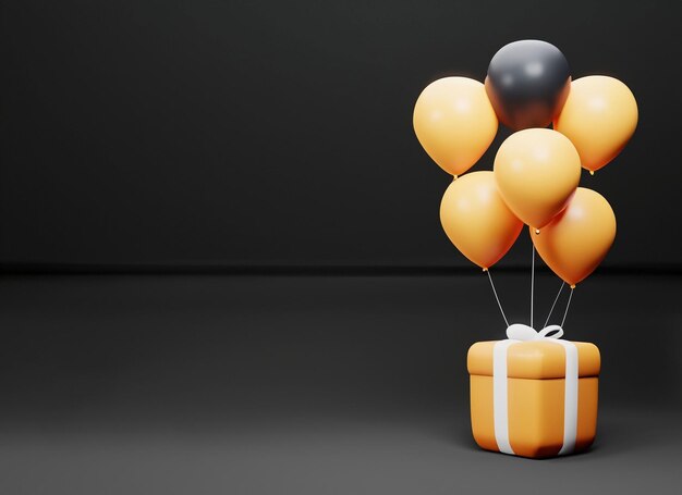 Black Friday balloons with gift box on dark background