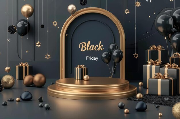 Black Friday banner background with a podium platform black and gold stuff on a dark scene