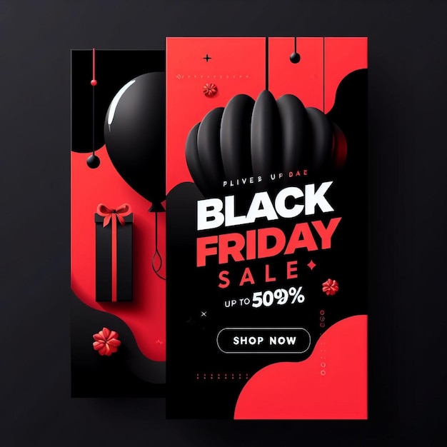 Foto disegno di banner del black friday disegno del banner verticale del black friday con palloncini e regali black sale