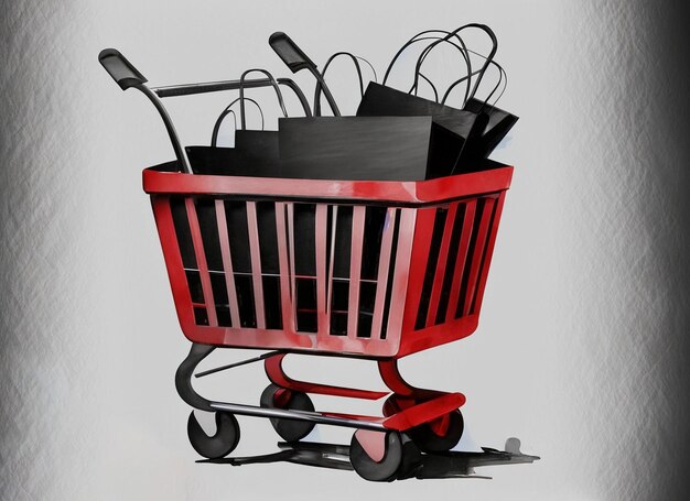 Black friday banner shopping cart with paper bags pile of clothes on background internet buyer final sale online store copy space