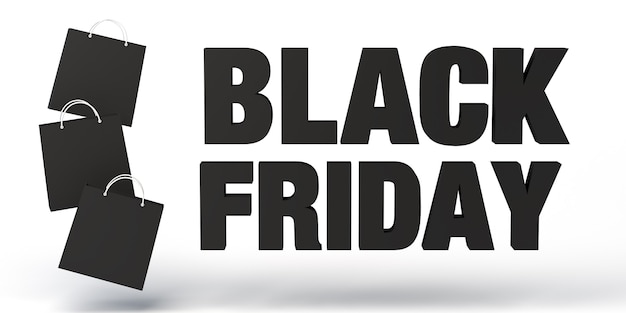 Photo black friday banner with floating shopping bags. 3d illustration.