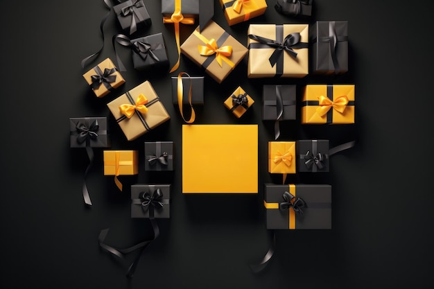 Black Friday banner with gift boxes in top view Generative AI