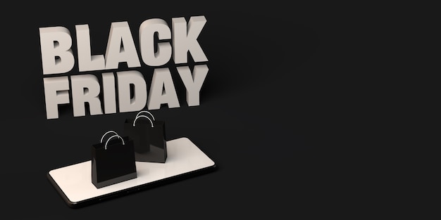 Photo black friday banner with smartphone, and shopping bags. 3d illustration.