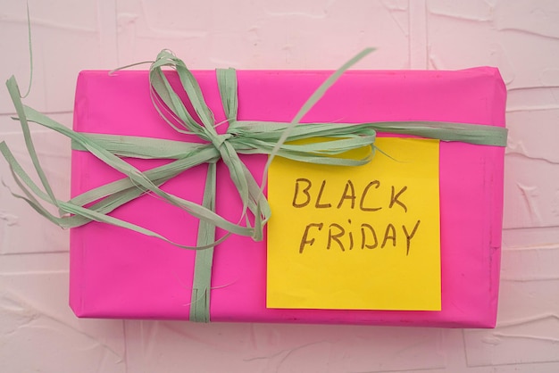 On Black Friday beautiful gifts are laid out on the shelves with big discounts Black friday concept