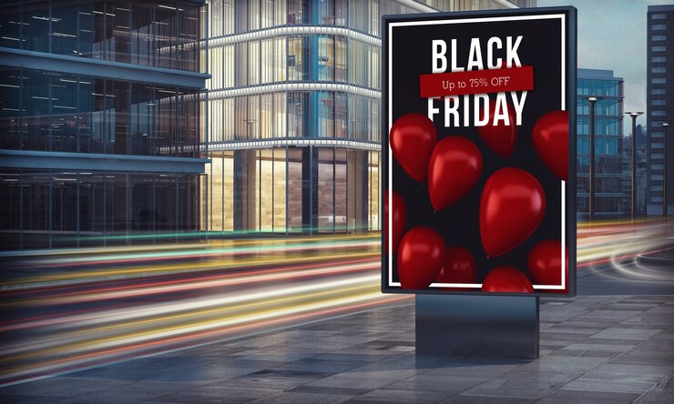 Photo black friday billboard in city night 3d rendering
