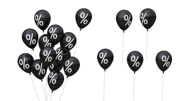 Black Friday. Black balloons and percent symbol. isolated on white background. 3d render