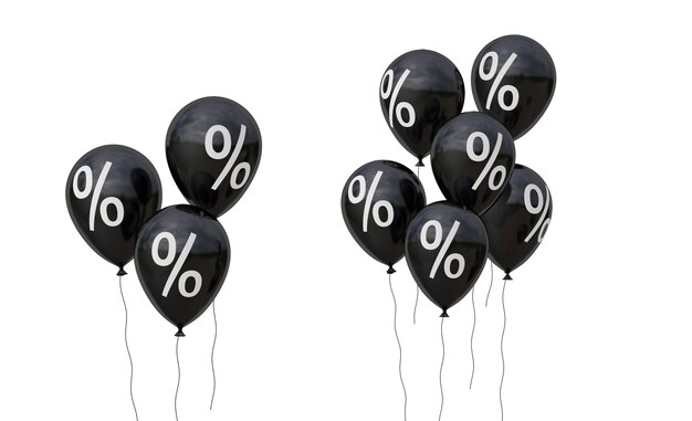 Black Friday. Black balloons and percent symbol. isolated on white background. 3d render