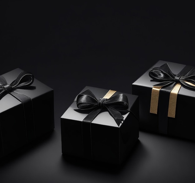 Photo black friday black gift boxes on black background generative ai