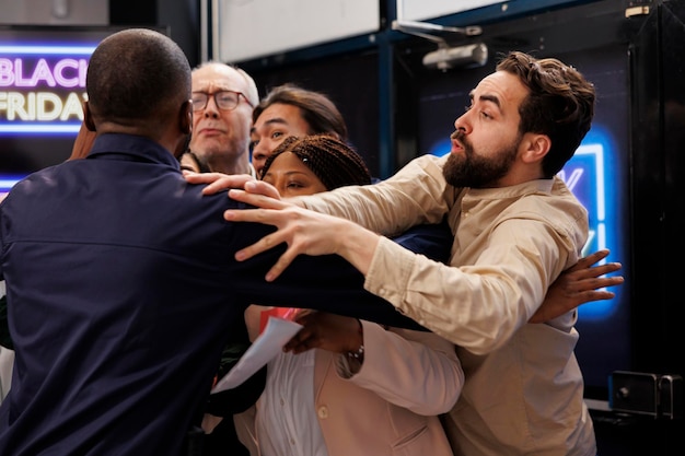 Black Friday chaos. Agressieve gewelddadige shoppers vechten met de bewaker terwijl ze in de rij staan voor de verkoop bij de ingang van het winkelcentrum, boze verschillende mensen proberen de winkel binnen te komen voordat de deuren opengaan