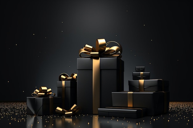 Black Friday concept Black gift boxes with gold ribbons on black background 3D rendering