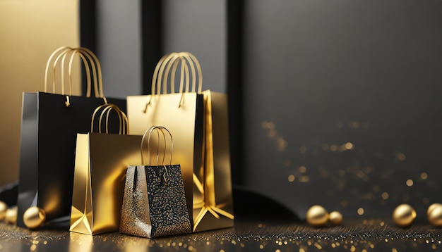 Photo black friday concept creative black and gold composition with shopping bags ai generated