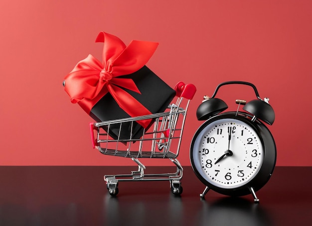 black Friday concept photo clock and black giftbox with red ribbon bow in shopping cart