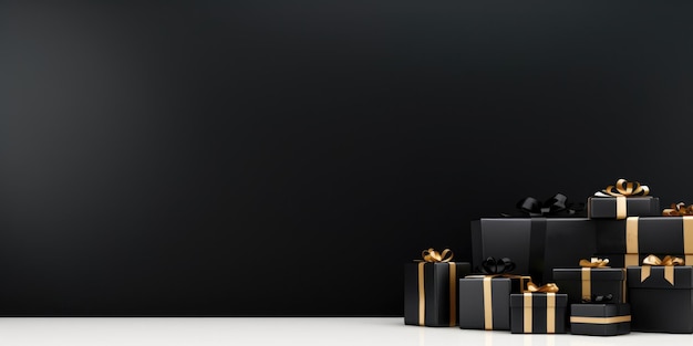 Black Friday Cyber Monday Gift boxes with golden ribbon on black background with copy space for text Generative ai