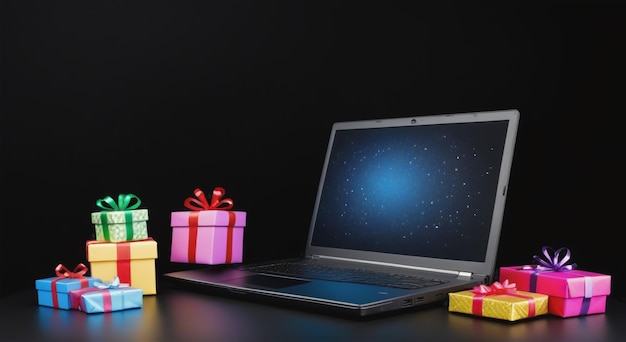 Black Friday Cyber Monday Laptop Computer with Bright Screen and Presents with Ribbons Black Bac