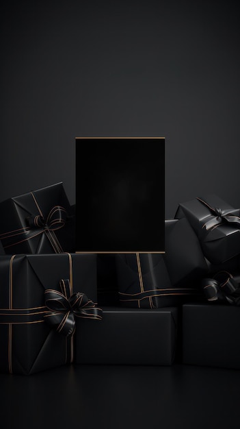 Black Friday Cyber Mondayzwarte geschenkdozen met linten Zwarte achtergrond Kopieerruimte Online winkelen