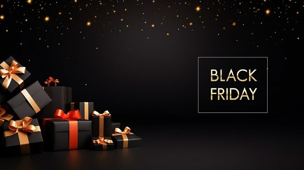 Foto black friday extravaganza podium versierd met levensachtige zwarte geschenkdozen met gouden strikken tegen een donkere achtergrond