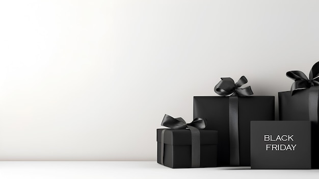 Фото Подарочная коробка черная пятница черная пятница распродажа монохромный баннер черные подарочные коробки премиум-класса, обернутые атласной лентой на белом фоне с местом для копирования черный баннер подарочной коробки