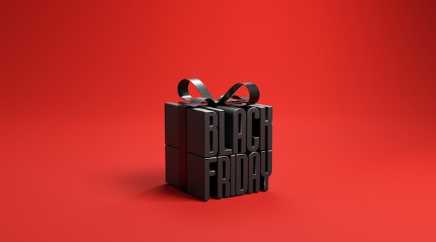 Black friday in gift box wrapped with black ribbon on red background.