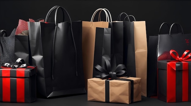 Black Friday Gifts Boxes And Shopping Bags Background AI Generative Illustration