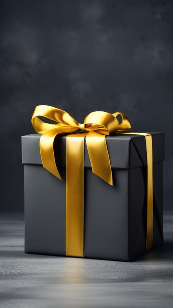 Black friday of a gold gift box with a bow on dark background