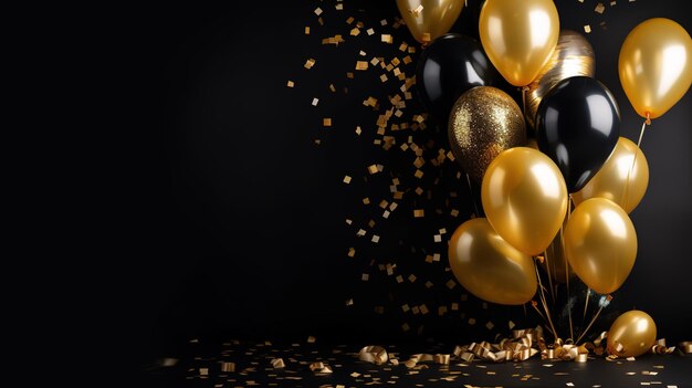 Foto black friday gouden ballonnen confetti en linten op zwarte achtergrond kerstmis