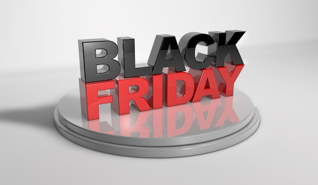 Foto scritta del black friday con volume di materiale lucido sul podio della presentazione