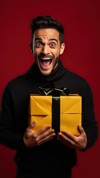 Black Friday man holding gift box happily surprised