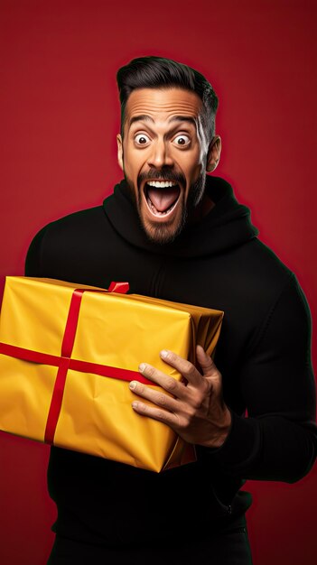 Black friday man holding gift box happily surprised