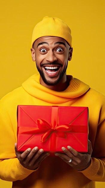 Black friday man holding gift box happily surprised