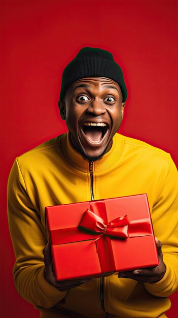 Black Friday man holding gift box happily surprised