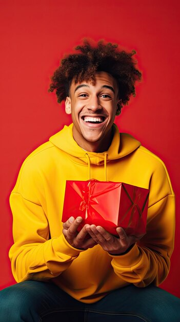 Black Friday man holding gift box happily surprised