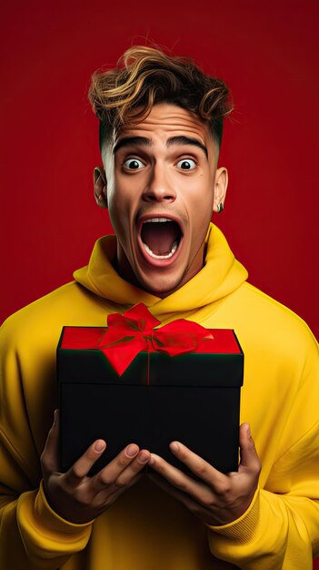 Black friday man holding gift box happily surprised