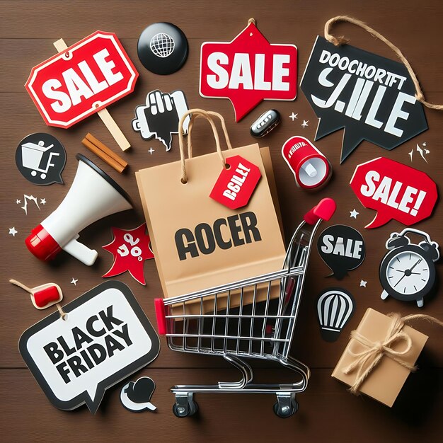 Photo black friday mega sale tags banner elements on red background abstract background