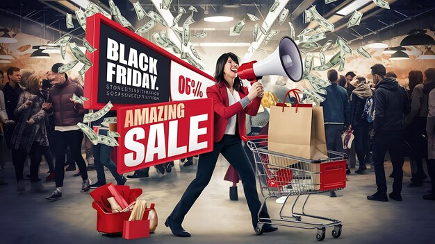 Photo black friday mega sale tags banner elements on red background abstract background