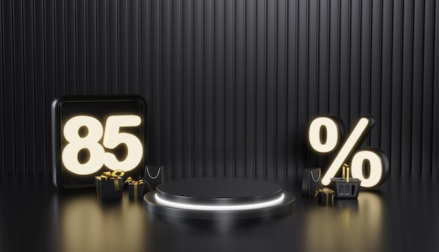 Black Friday Neon Light Discount 85 Percent Podium on black background